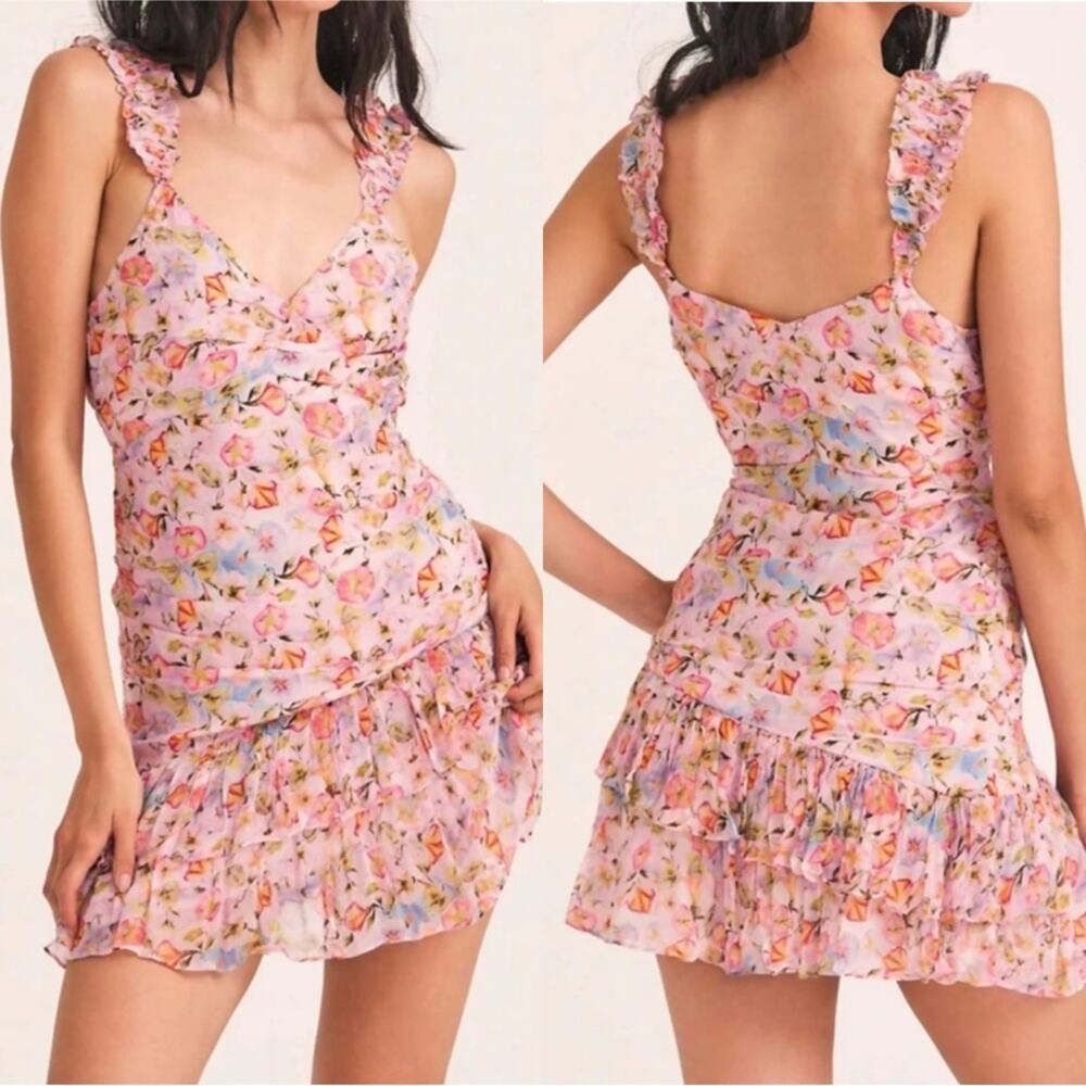 LOVESHACKFANCY Desra Ruched Floral Pastel Confetti Ruffle Mini Dress Sz 8 - Picture 2 of 10
